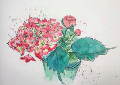 Aquarell mit Hortensien und Rosen