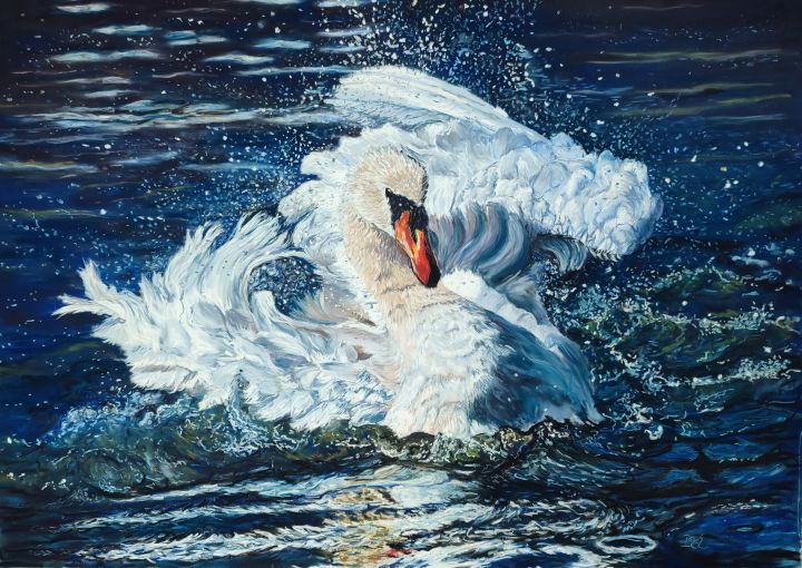 Schwanensee_Tierportrait_in_Pastell Tierportrait in Pastell - Schwan beim Wasserspiel